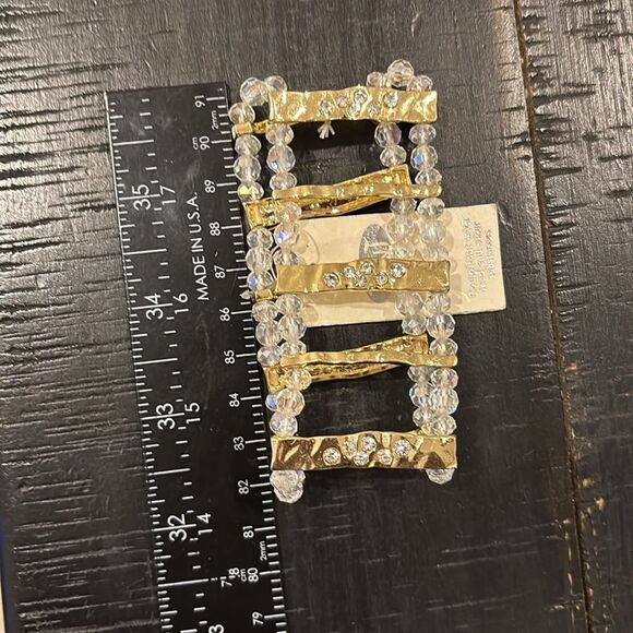 NWT Tint Clear Bead Beaded Rhinestone Stretch Thick Bracelet Gold Tone Hammered - Picture 6 of 6